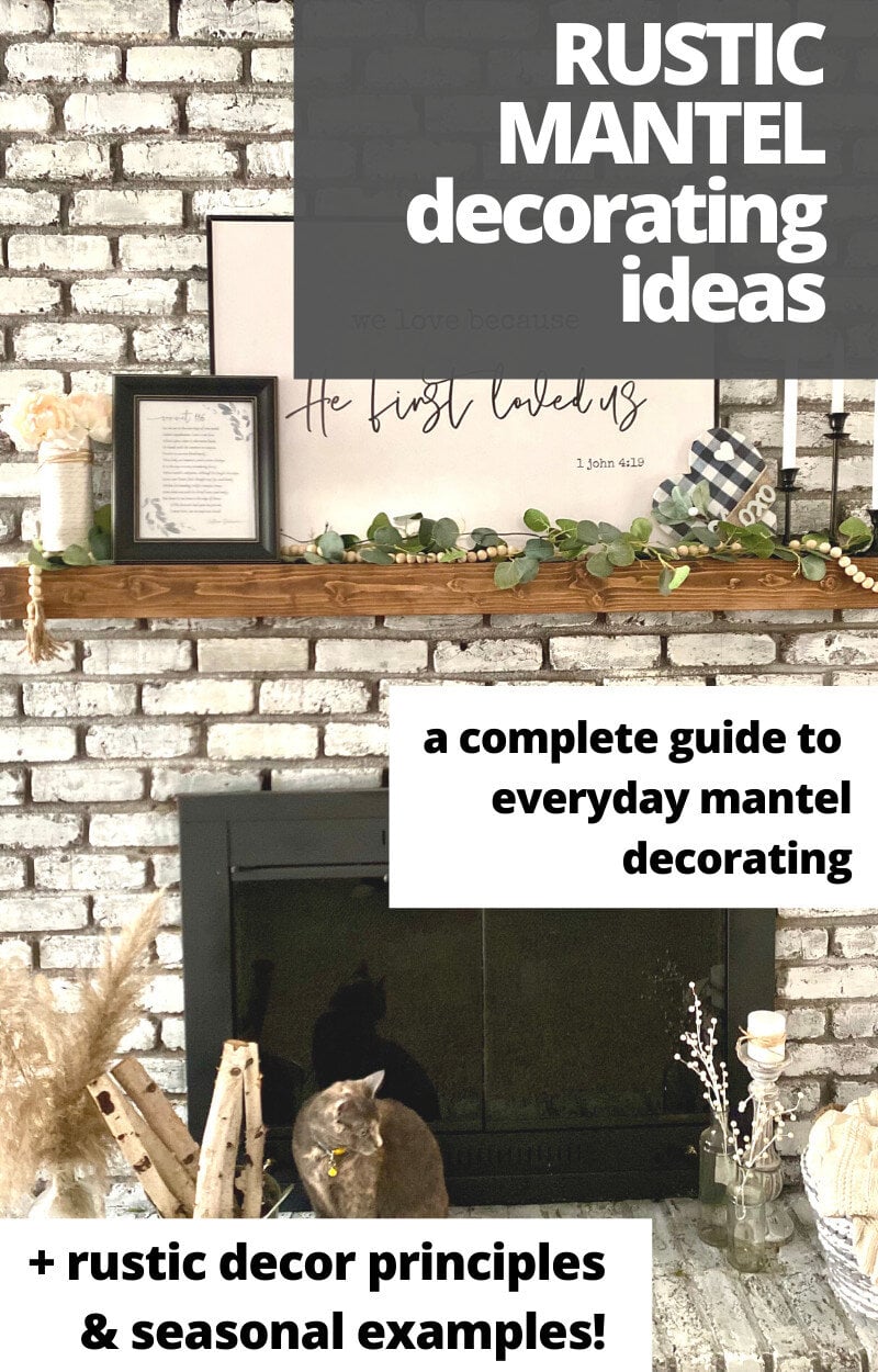Rustic fireplace mantel with decorative items and seasonal accents for cozy everyday home decor.