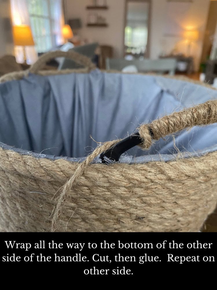 Twine basket with fabric lining, handles, and instructions for wrapping handle with rope.