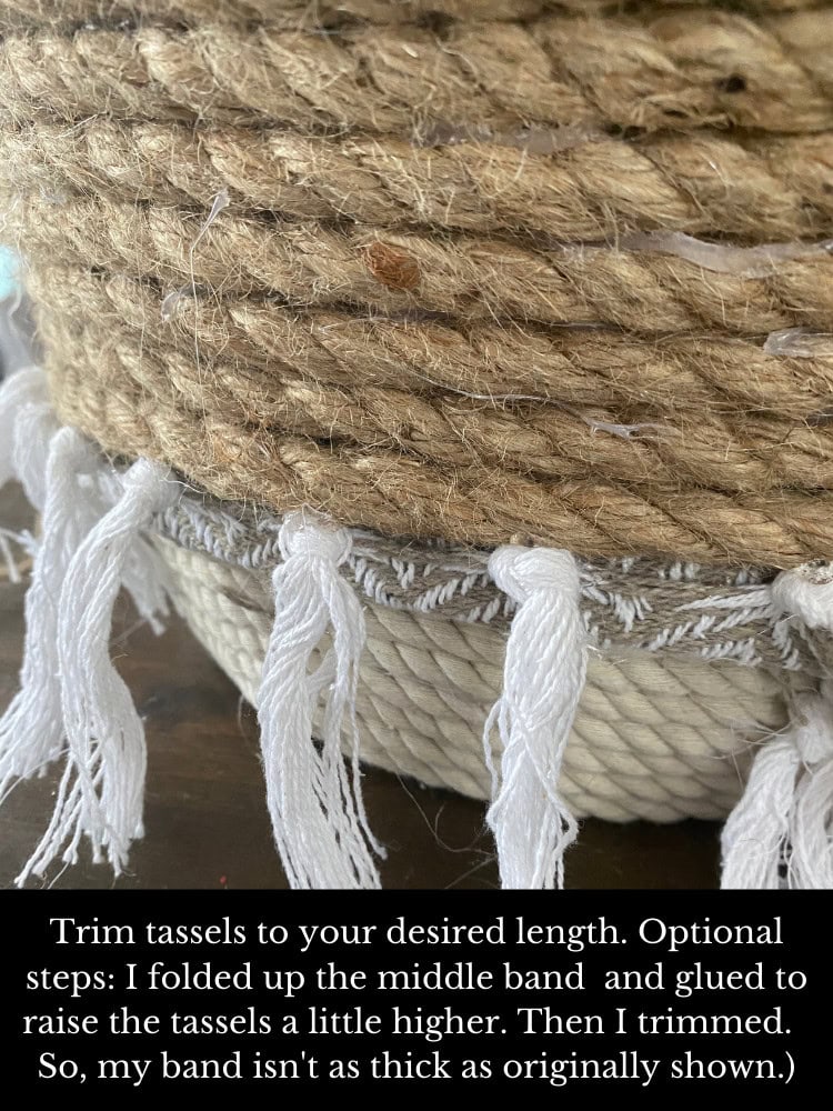 Handmade tassel trim with white fringe and natural jute cord, perfect for home decor or crafts. Easily customize length and style to match your project needs.