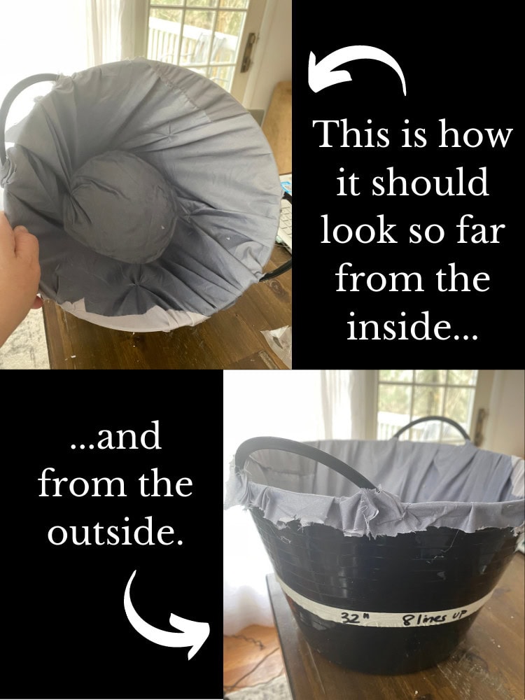 Soft gray fabric interior of a laundry basket shown from inside, with a black exterior basket pictured from outside, illustrating how it looks from both perspectives.