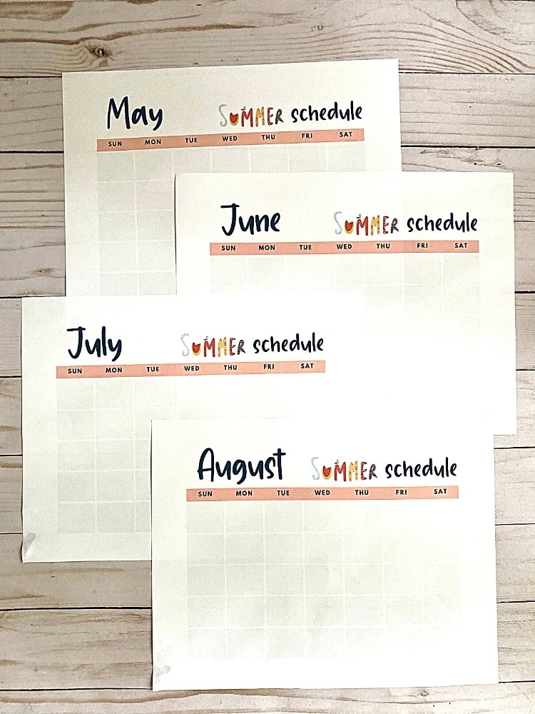 Colorful summer schedule planner pages for May, June, July, and August with handwritten month titles and vibrant summer-themed design elements for organized seasonal planning.