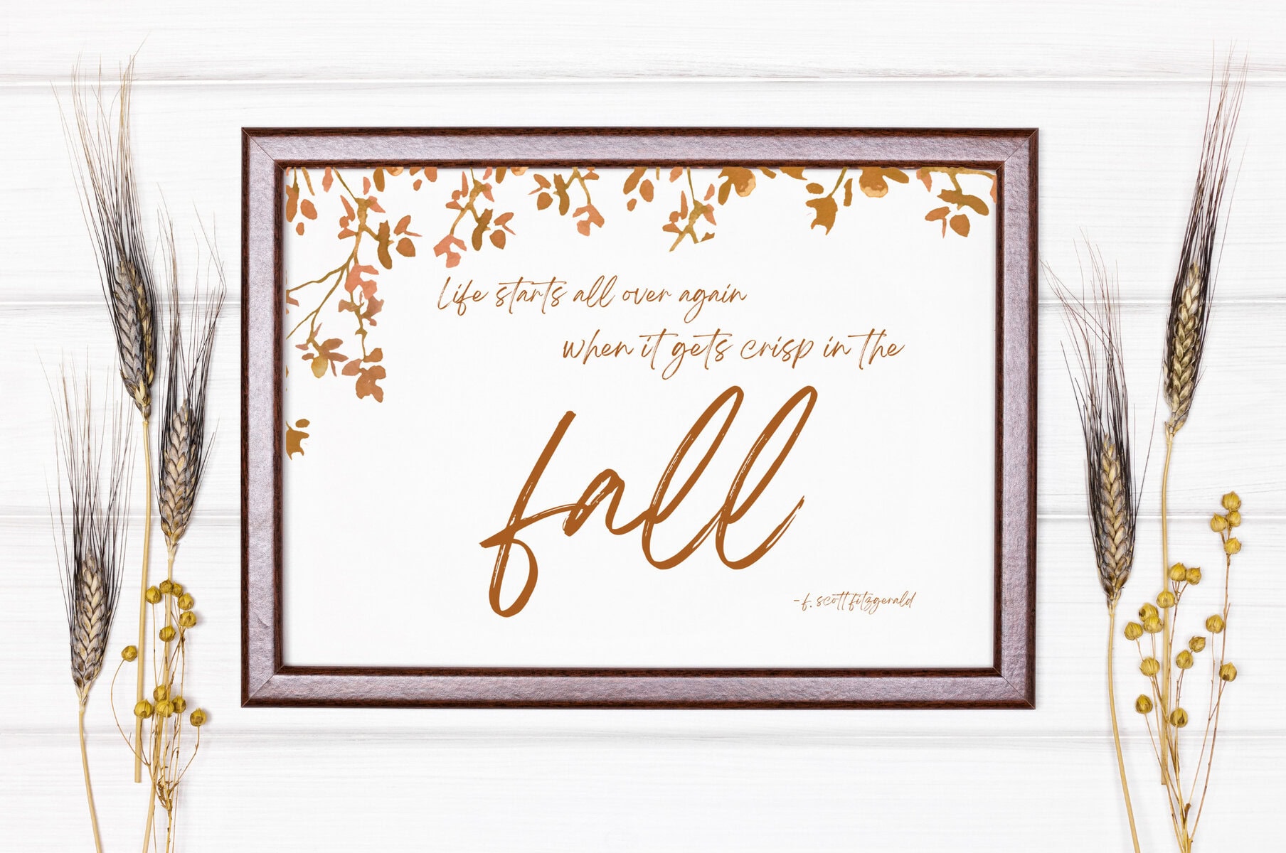 Relaxing fall-inspired framed quote with dried wheat and botanical decor for cozy home or seasonal wall art, perfect for autumn decoration and inspirational aesthetics.