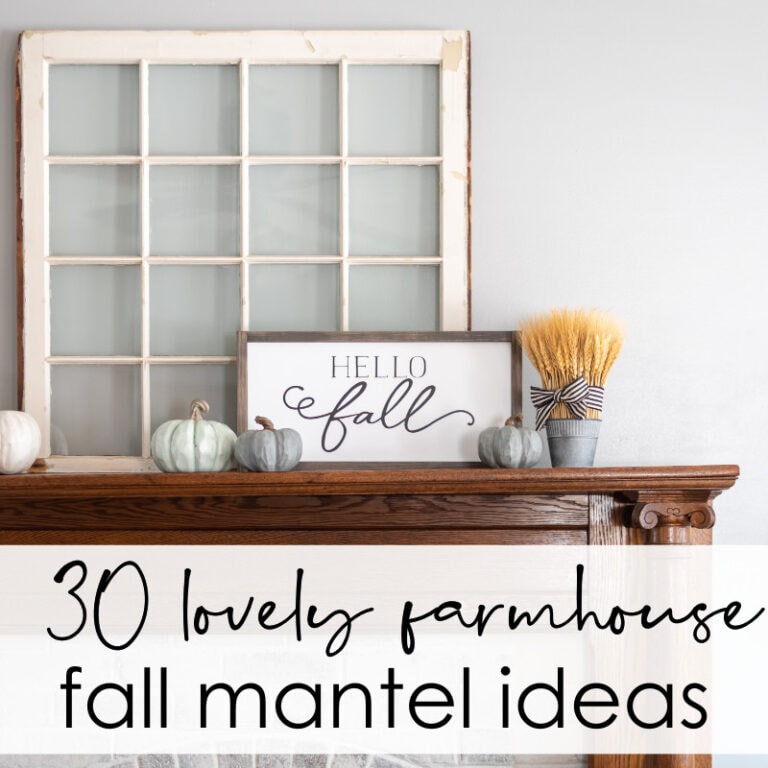 Fall farmhouse decor with pumpkins and wheat, perfect for cozy autumn interiors and fall mantel decorating ideas.