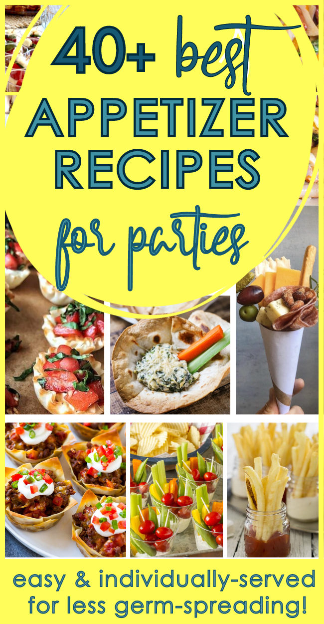 individual appetizer for party recipes collage with spinach dip bowls, charcuterie cones, french fries in jars, taco bites