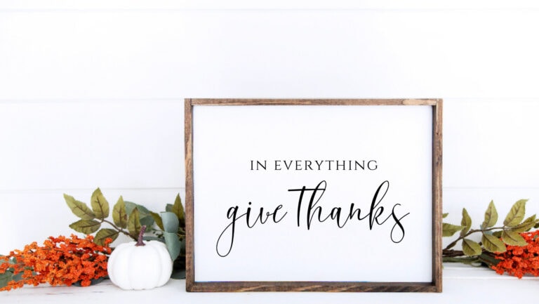 Bright fall decor with white pumpkins and orange flowers, featuring a framed sign that reads "In everything give thanks" for Thanksgiving or gratitude themed celebrations.