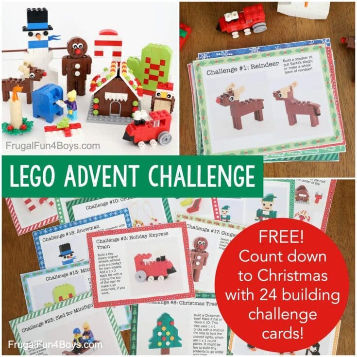 LEGO advent calendar Christmas building challenge with festive LEGO creations and activity cards for holiday fun and creativity.