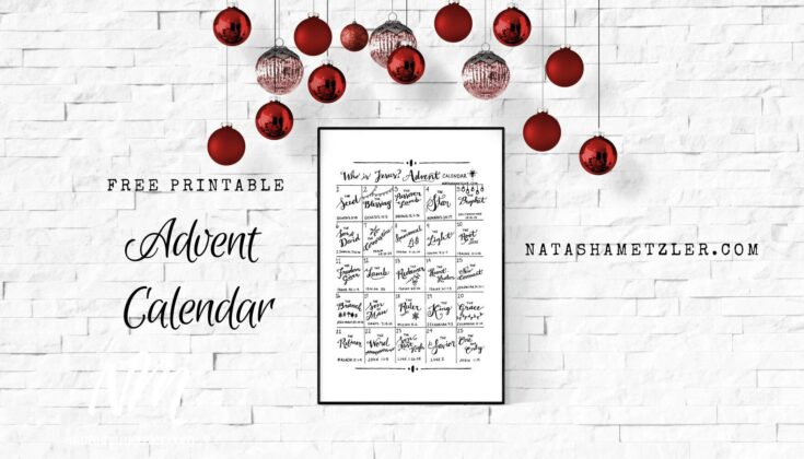 Red Christmas ornaments hanging above a white brick wall with a free printable Advent calendar from Natashametzel.com.