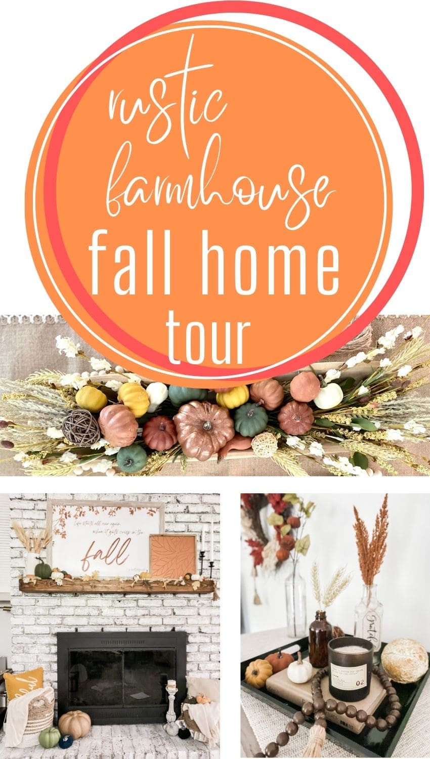 collage of rustic farmhouse fall home with fireplace, centerpiece, vignette