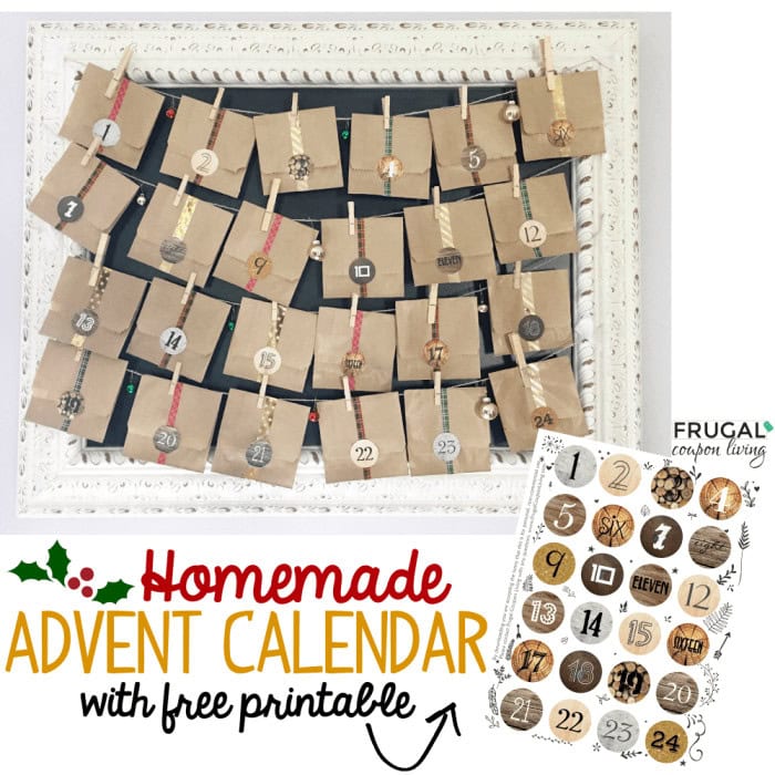 Advent calendar with small brown paper envelopes numbered from 1 to 24, attached to a string with clothespins, ready for filling with gifts or treats for holiday countdown.
