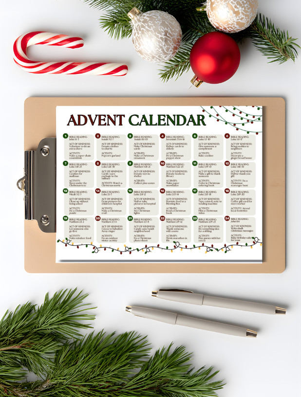 Holiday advent calendar with Christmas ornaments and festive decorations for celebrating the season.