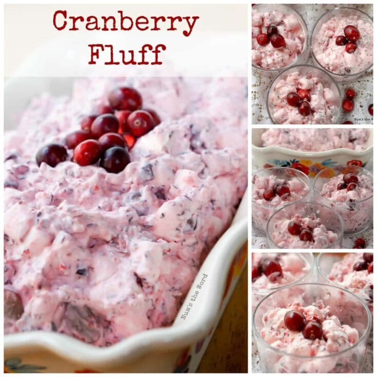 Cranberry Fluff dessert with fresh cranberries and creamy, pink marshmallow mixture in a decorative bowl, perfect for holiday gatherings and festive occasions.