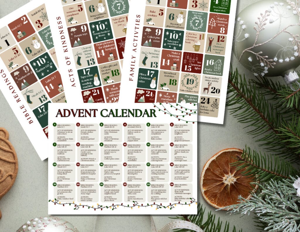 Festive advent calendar with Christmas-themed icons and family activities, perfect for holiday celebrations and creating joyful Christmas memories.