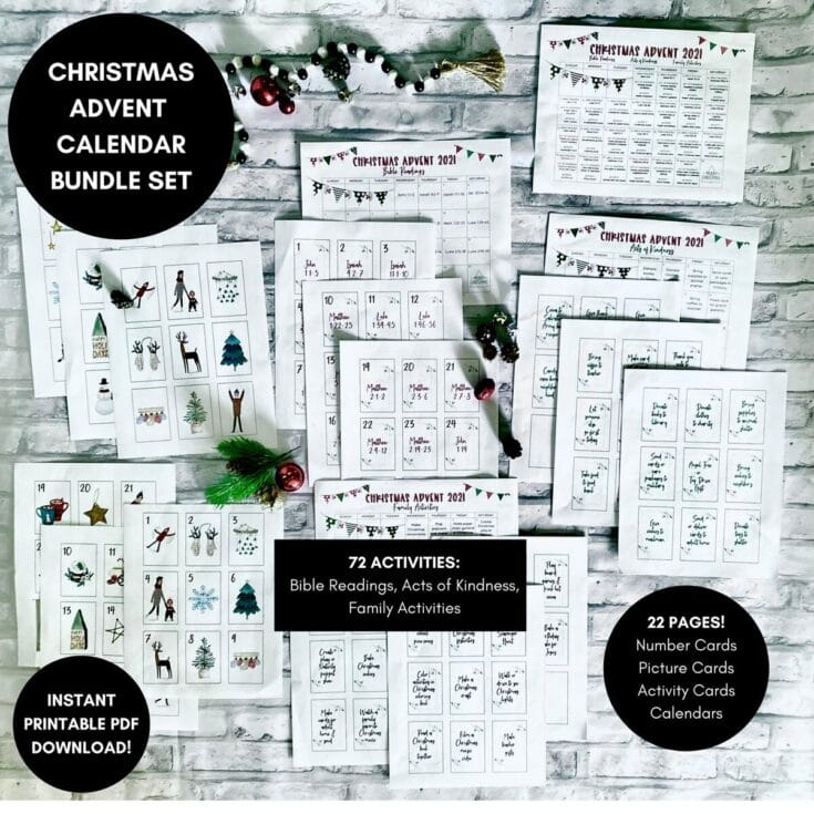 Christmas Advent Calendar Bundle Set for Family Activities, Bible Readings, Acts of Kindness, include number cards, picture cards, activity cards, and calendars, perfect for holiday season planning and festivities.
