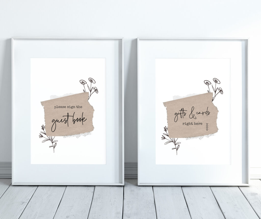 Deluxe wedding decor signs with minimalist floral accents for guest book and gift table, perfect for elegant event styling and wedding reception decor.