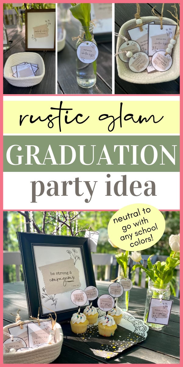 Graduation rustic glam party decor, including framed motivational quotes, floral arrangements, and themed cupcake toppers, perfect for a stylish and neutral celebration.
