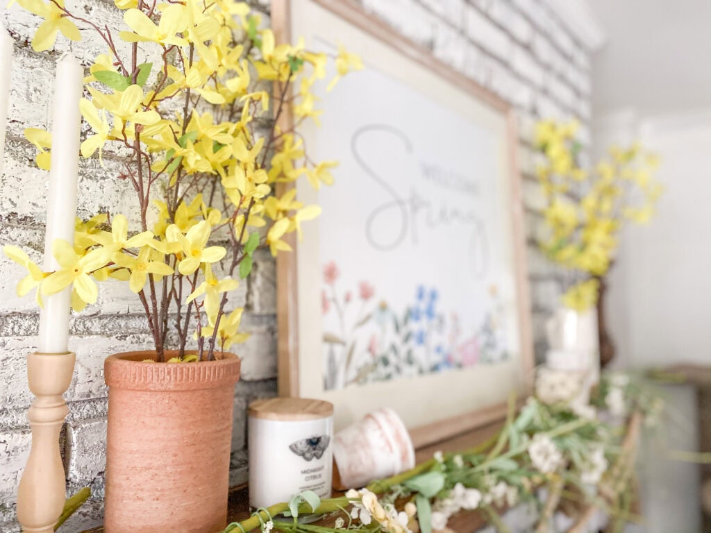terra cotta vase with forsythia for spring mantel