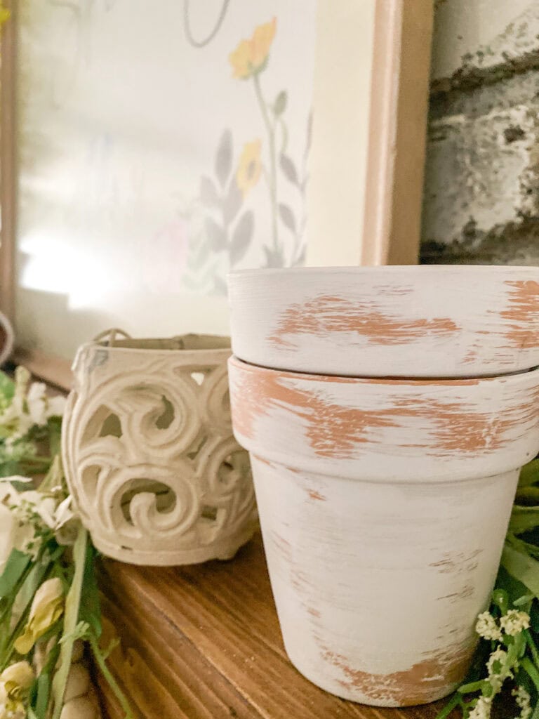 terra cotta pots on spring mantel
