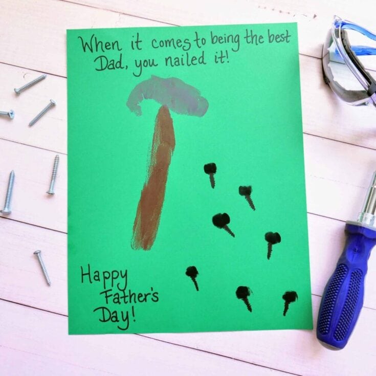 Colorful Father’s Day card with a playful hammer and nail illustration, celebrating dad with heartfelt humor. Perfect for personalized dad appreciation, handmade greeting card, and special occasion celebration.