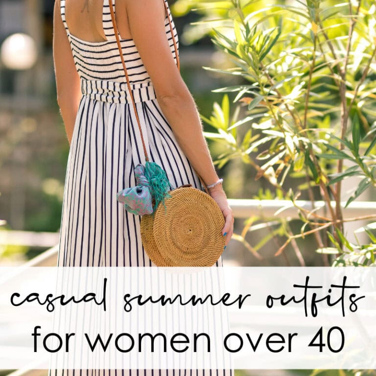 Comfortable summer woman outfit striped dress wide-brim hat casual style for women over 40 outdoors.