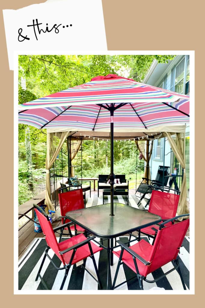 Colorful outdoor patio furniture setup with red chairs, a striped umbrella, and a cozy canopy with string lights, set against a lush green forest for relaxing backyard oasis.