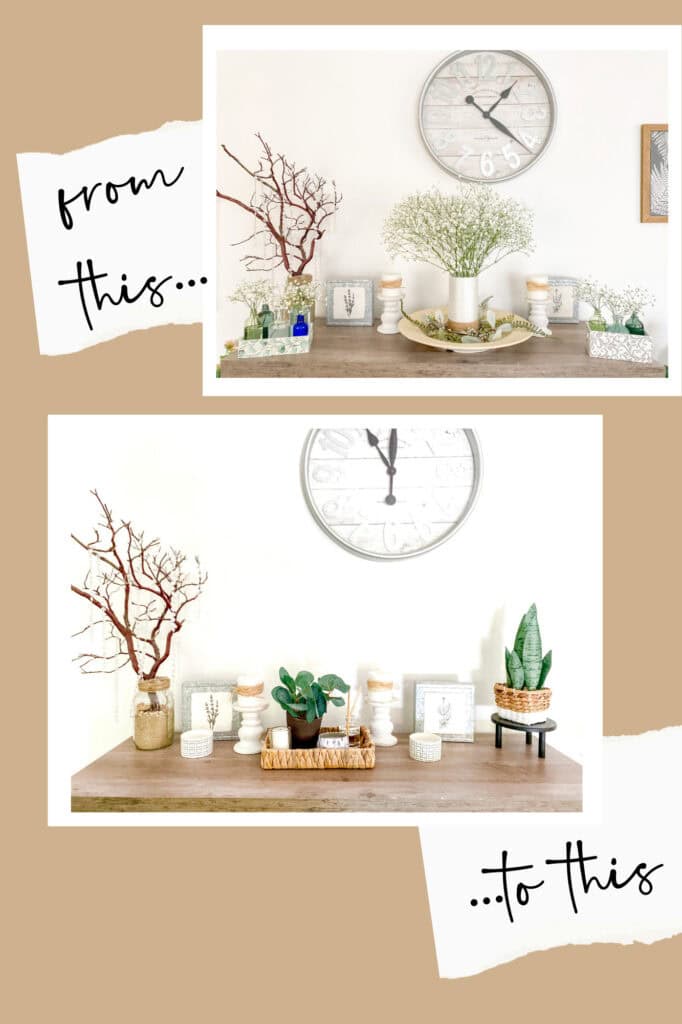 Cozy living room with neutral tones, wooden accents, and greenery, showcasing stylish wall decor and a comfortable beige sofa. Perfect for creating a warm, inviting home atmosphere.