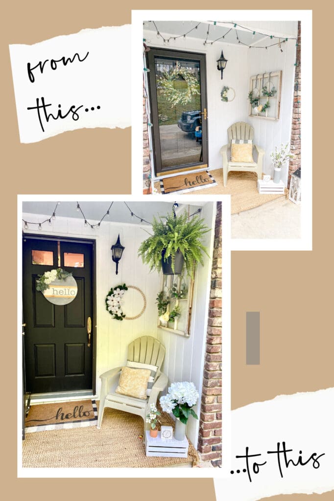 Cozy porch decor with a black front door, white wall paneling, string lights, hanging plants, and welcoming "hello" doormat, creating an inviting entryway with charming floral and rustic accents.