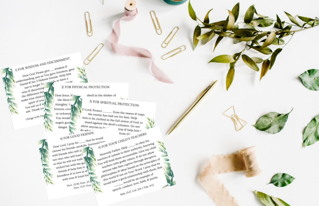 Inspirational prayer sheets with greenery, gold accents, and faith-themed text for spiritual protection, encouragement, and devotion, ideal for religious reflections and prayer time.