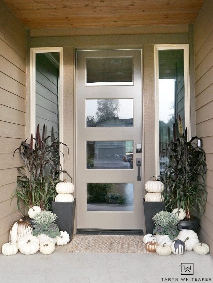 Pumpkin fall decor with white, black, and metallic accents framing modern front door with glass panels.