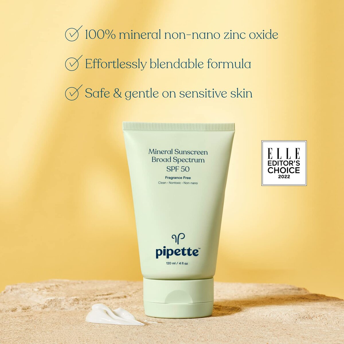 100% mineral non-nano zinc oxide sunscreen with broad spectrum SPF 50 by Pipette, safe and gentle for sensitive skin, dermatologist-recommended, fragrance-free, eco-friendly, and award-winning skincare product.