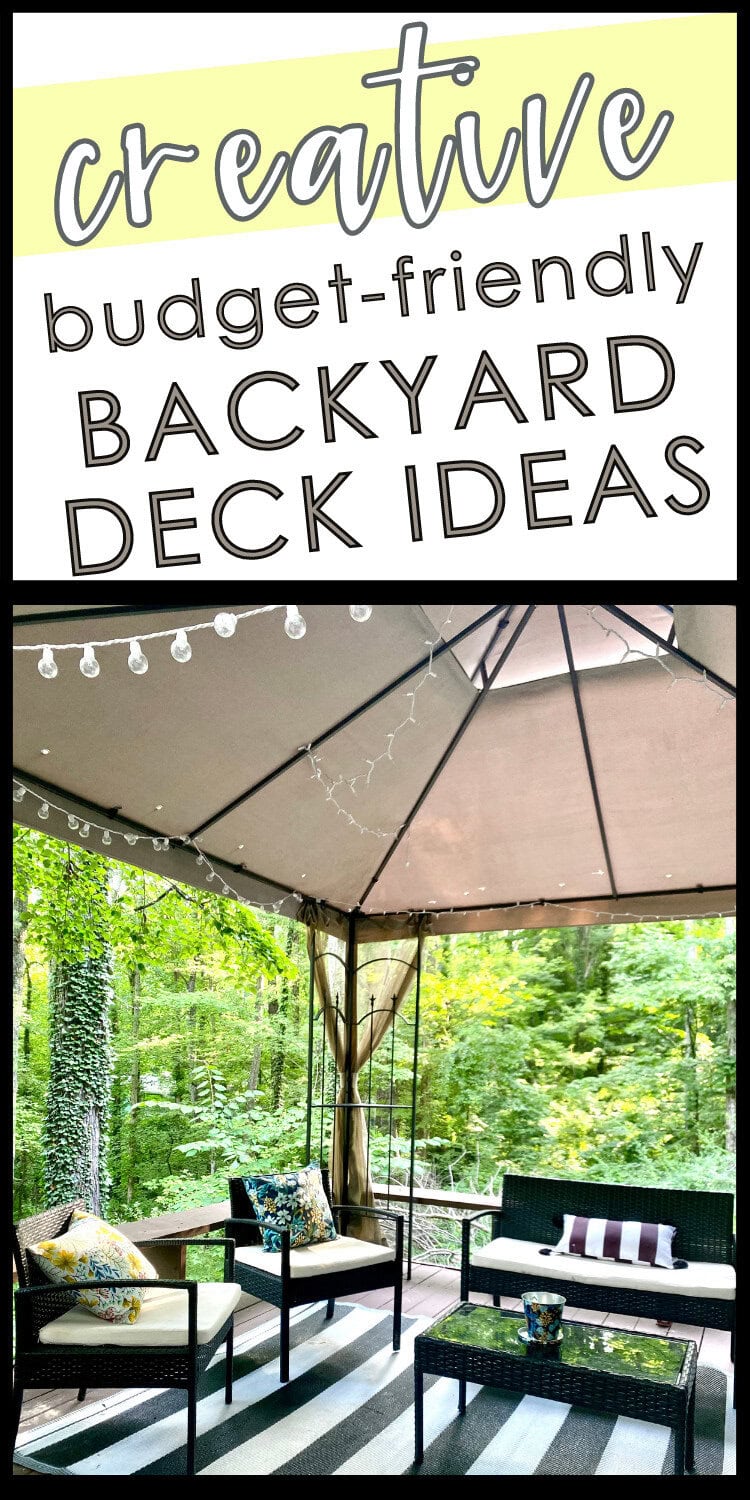Cozy backyard deck with outdoor furniture, string lights, and lush green trees providing a peaceful outdoor living space for relaxation and entertaining.