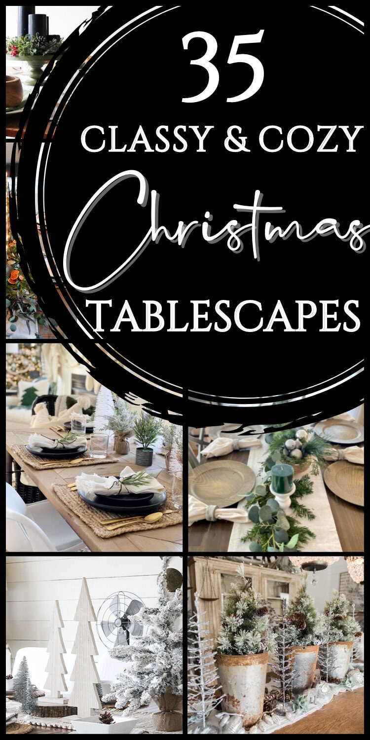 classy christmas tablescape collage with rustic and modern farmhouse tables