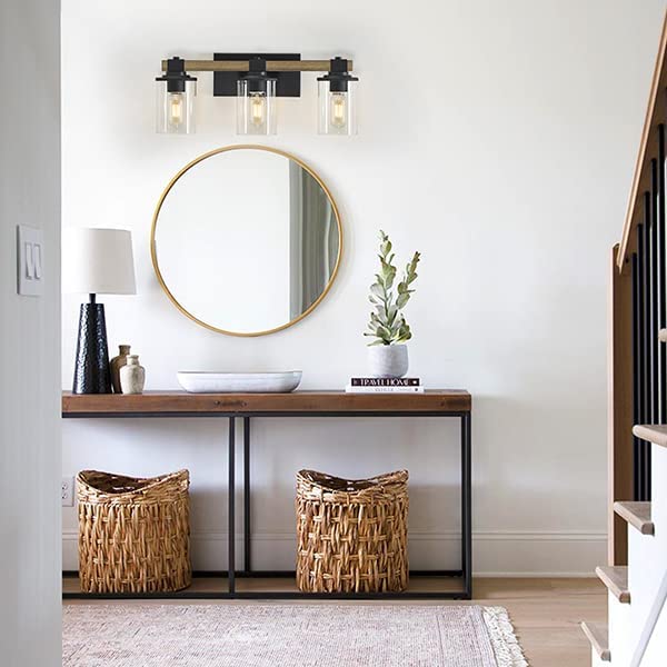 A Hundred Affections modern farmhouse hallway console with wicker baskets, round mirror, and decorative accessories, stylishly blending rustic and contemporary home décor.
