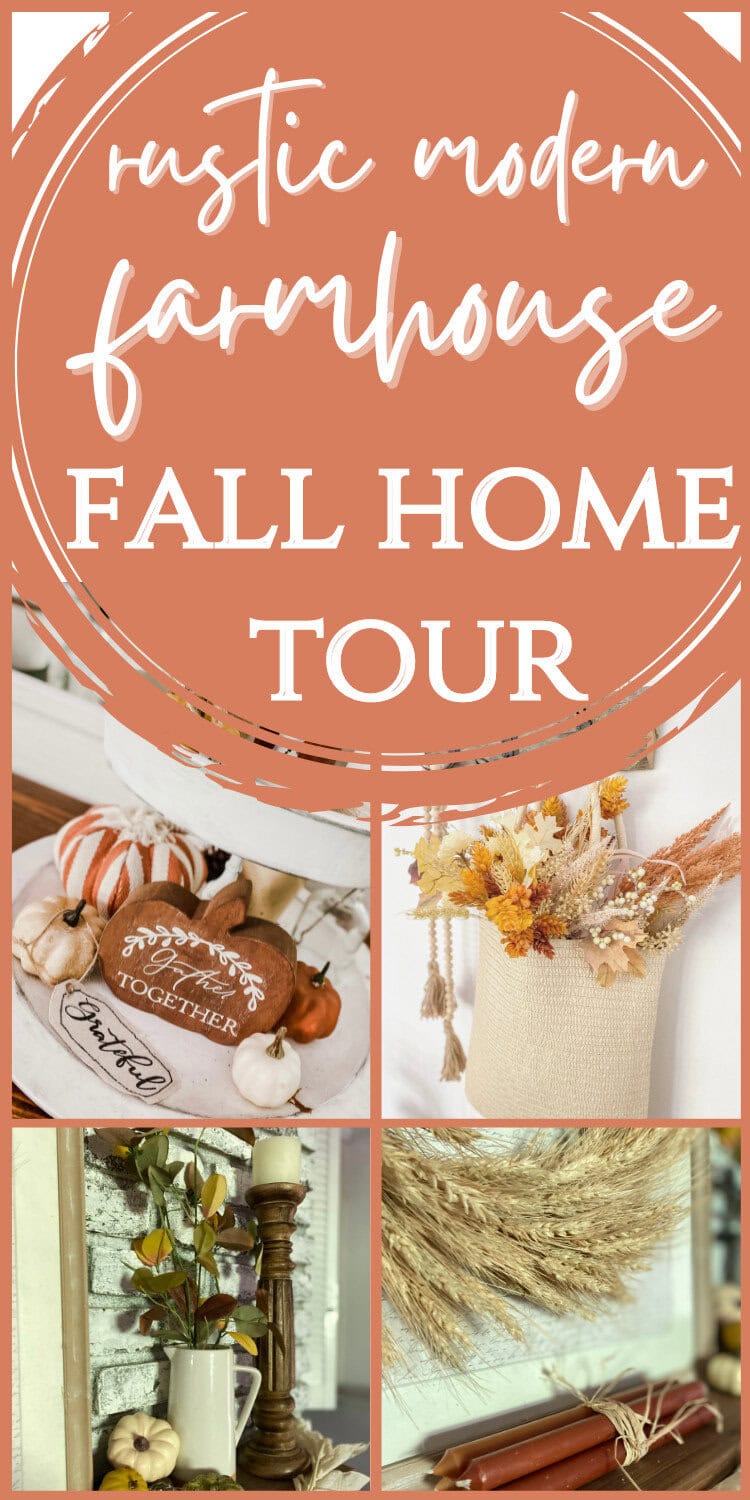 Cozy fall farmhouse decor for home tour, featuring pumpkins, dried florals, candles, and rustic accents, perfect for creating a warm autumn ambiance.
