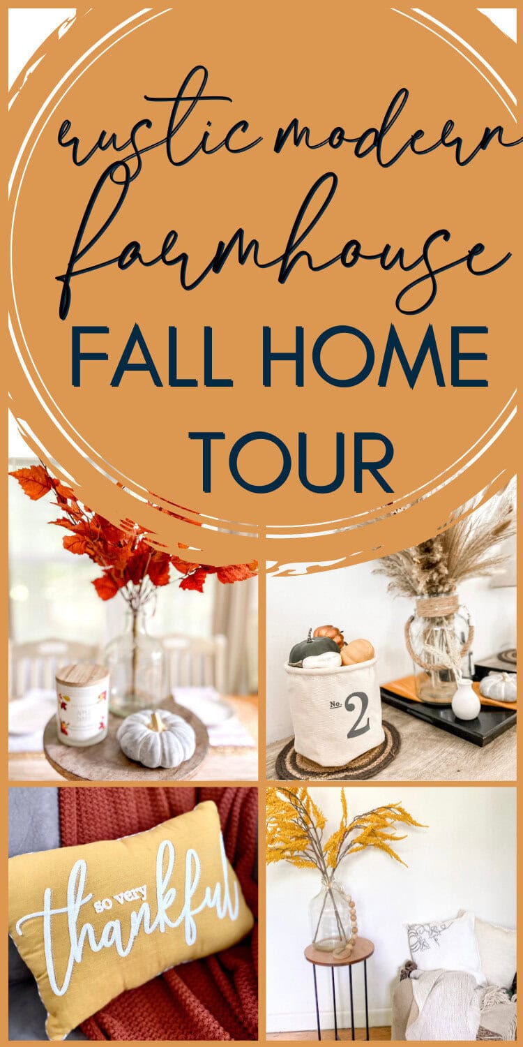 Cozy fall farmhouse fall home tour decor with pumpkins, pumpkins, thankful pillow, and rustic dried floral arrangements for autumn comfort.