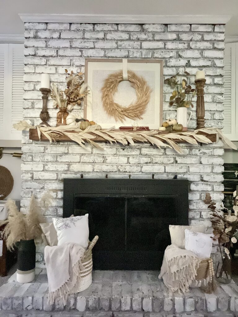 fall mantel with wheat wreath