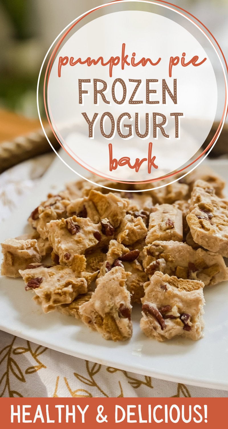 Pumpkin pie frozen yogurt bark, healthy dessert, autumn snacks, no-bake treat, fall-inspired dessert, vegan options, gluten-free snack, easy holiday treat, pumpkin dessert, guilt-free indulgence.