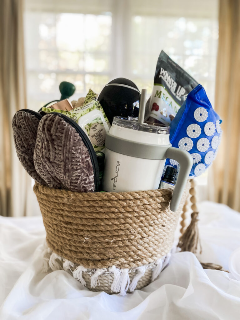 health wellness diy gift basket with slippers, tumbler, acupressure pillow
