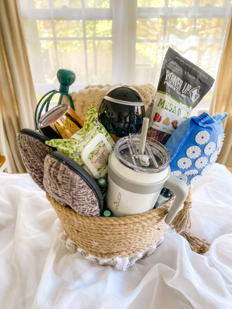 health wellness diy gift basket with slippers, tumbler, acupressure pillow