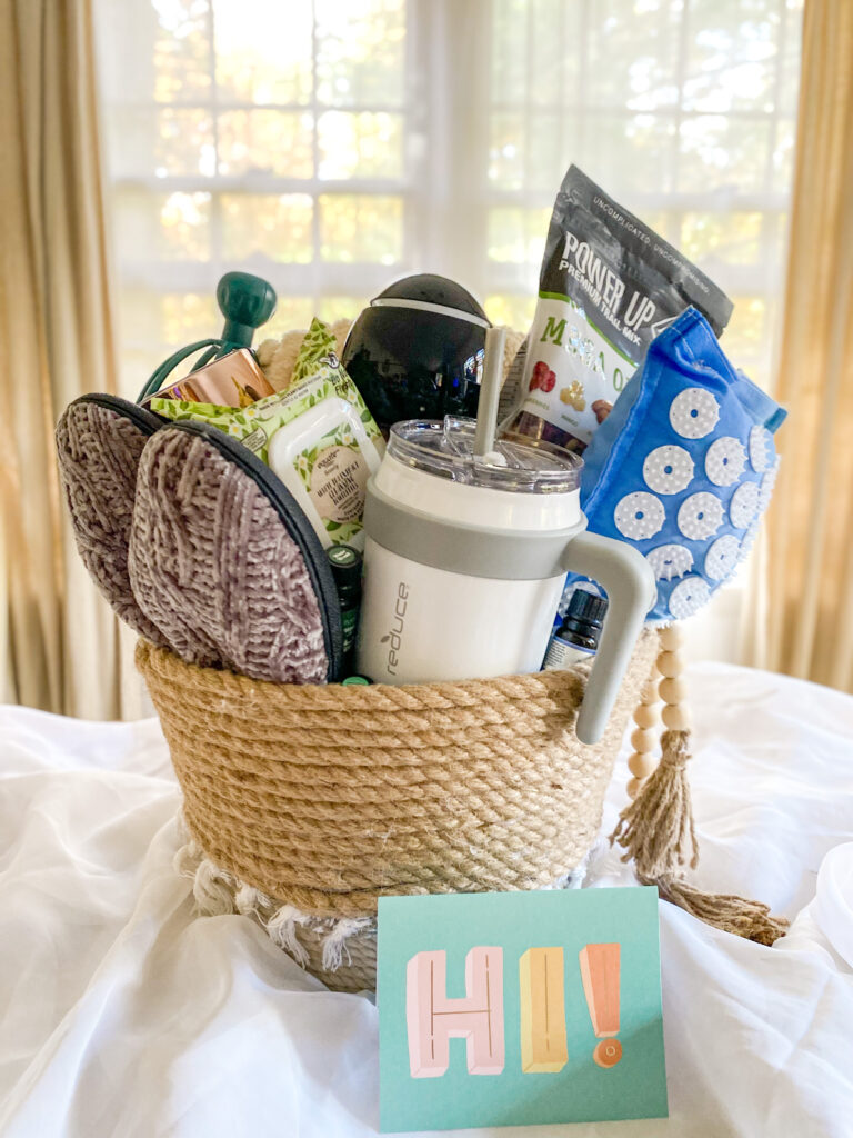 health wellness diy gift basket with slippers, tumbler, acupressure pillow with card