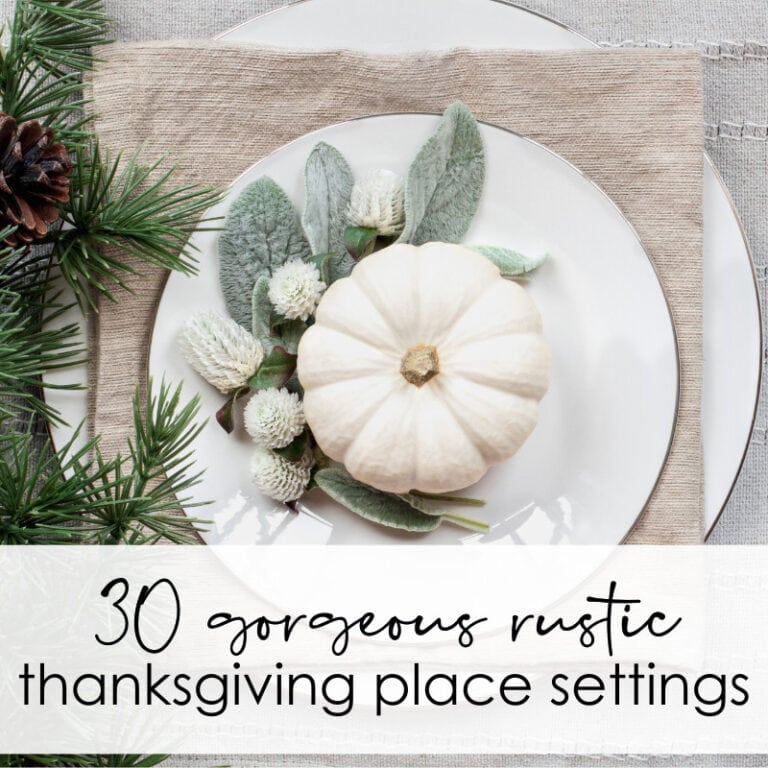 Pumpkin centerpiece with rustic fall decor including succulents and foliage on a white plate for Thanksgiving table settings.