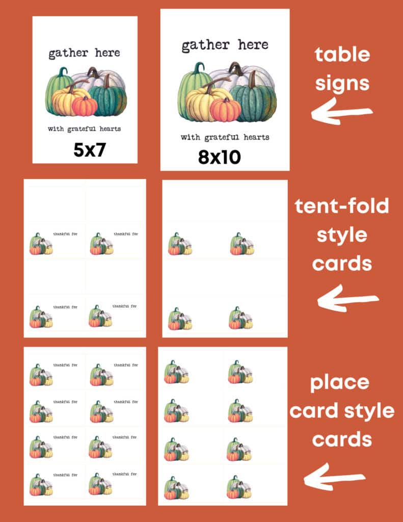 Pumpkin-themed thankful for place cards and table signs featuring pumpkins with grateful hearts perfect for fall gatherings and Thanksgiving celebrations.