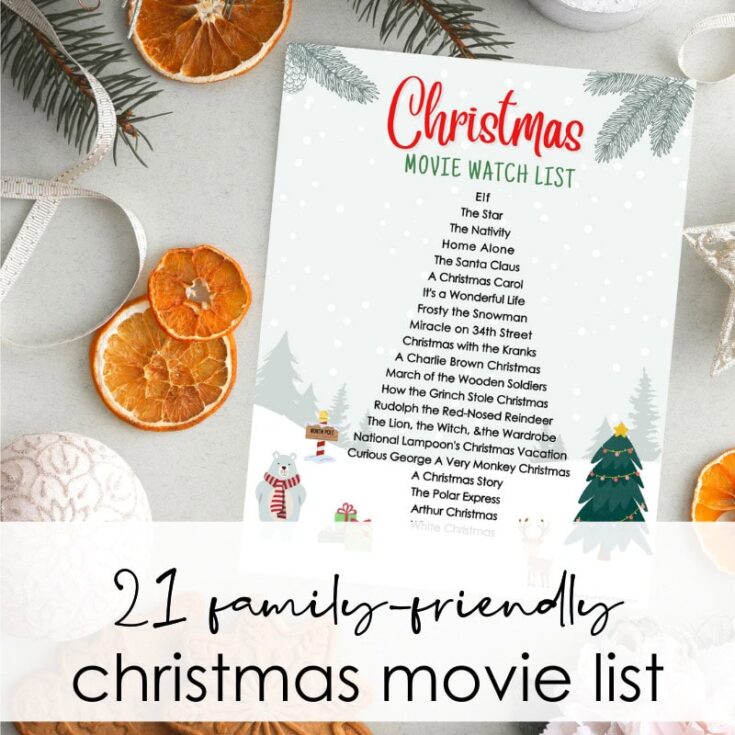 Dried orange slices, Christmas themed decorations, and a holiday movie watch list on festive background.