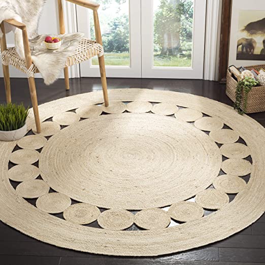 Soft woven round rug with geometric cutouts, ideal for cozy living spaces and sunrooms, enhancing home decor with natural textures and style.