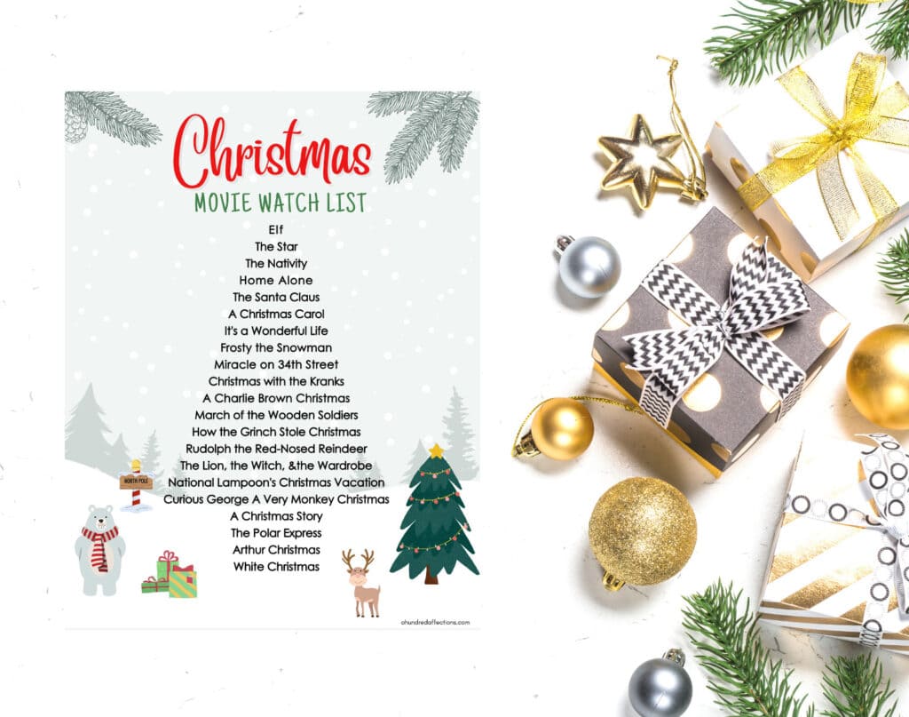 Christmas movie watch list with holiday-themed illustrations, featuring popular classics and festive favorites, ideal for seasonal entertainment planning.