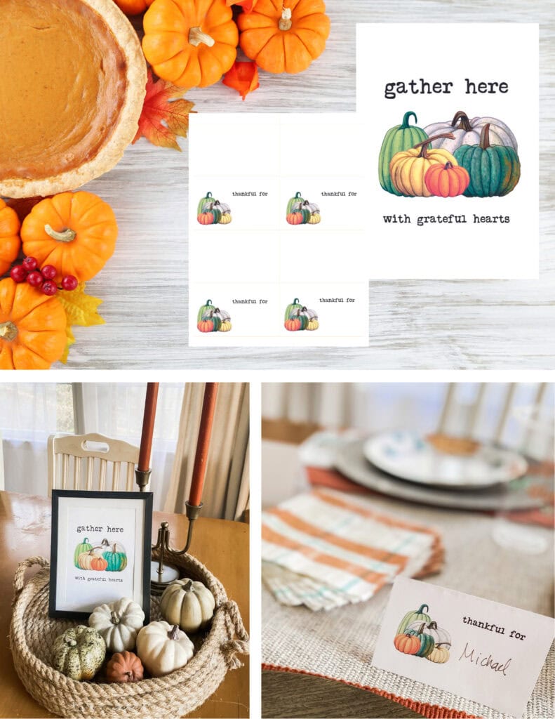 Pumpkin-themed place cards and table decor for Thanksgiving with watercolor pumpkins, grateful hearts message, and personalized grateful-for notes at A Hundred Affections.