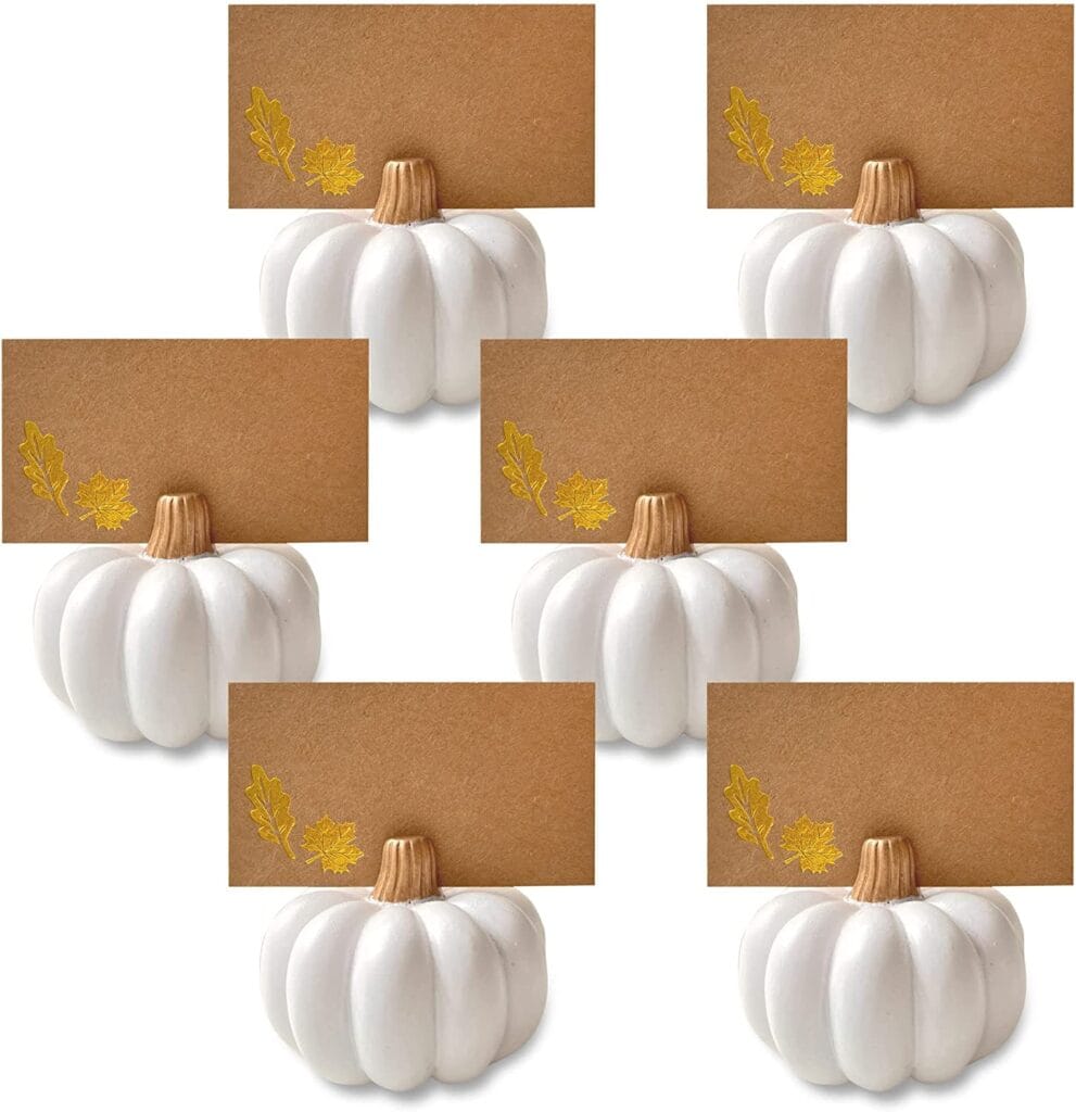 White pumpkin decor with gold fall-themed thank you cards, perfect for autumn and Thanksgiving celebrations, featuring elegant harvest accents.
