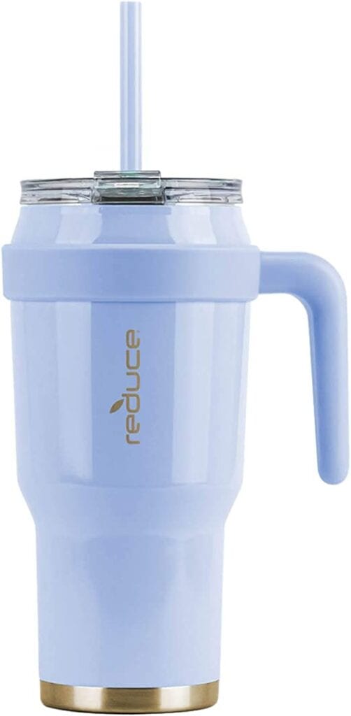 Reduction, reusable travel mug with straw, eco-friendly drink container, portable stainless steel tumbler, eco-conscious beverage hydration.