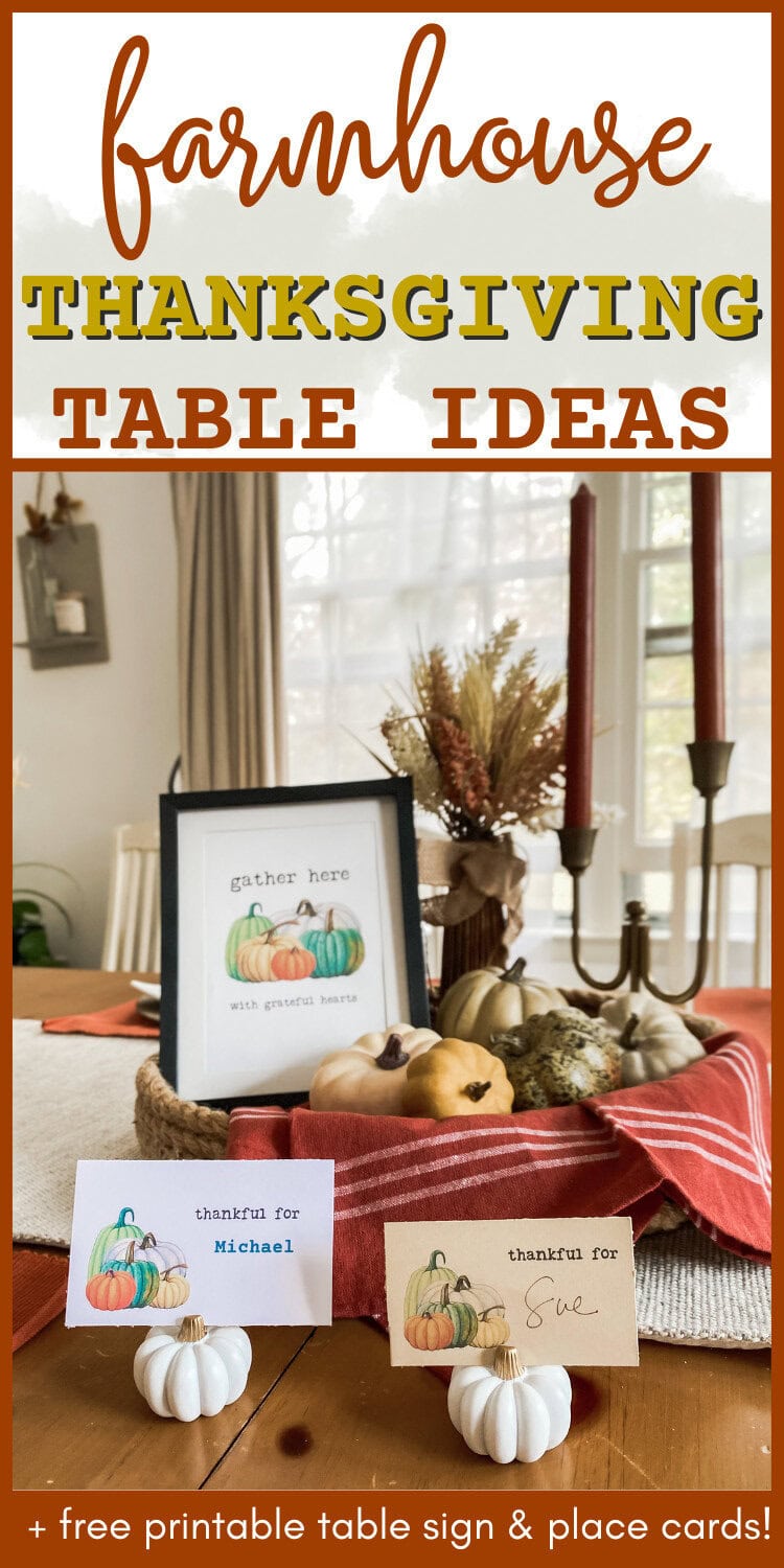 Pumpkin fall table centerpiece with thankful place cards and fall décor for Thanksgiving celebration.