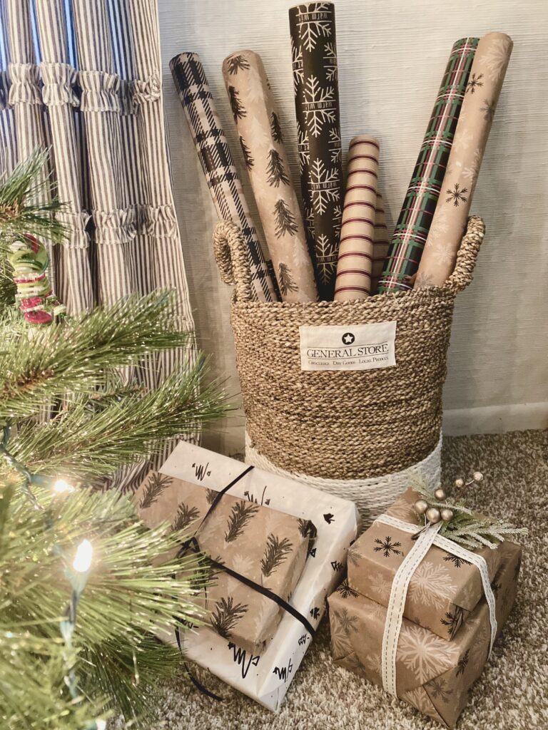 christmas basket with christmas wrapping paper for vintage christmas decorating idea