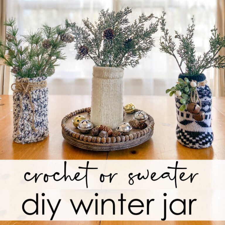 Pine branch holiday decor in knit jars for winter table centerpiece, DIY crochet and sweater designs, festive holiday gift ideas, cozy seasonal home accents, A Hundred Affections inspiration.